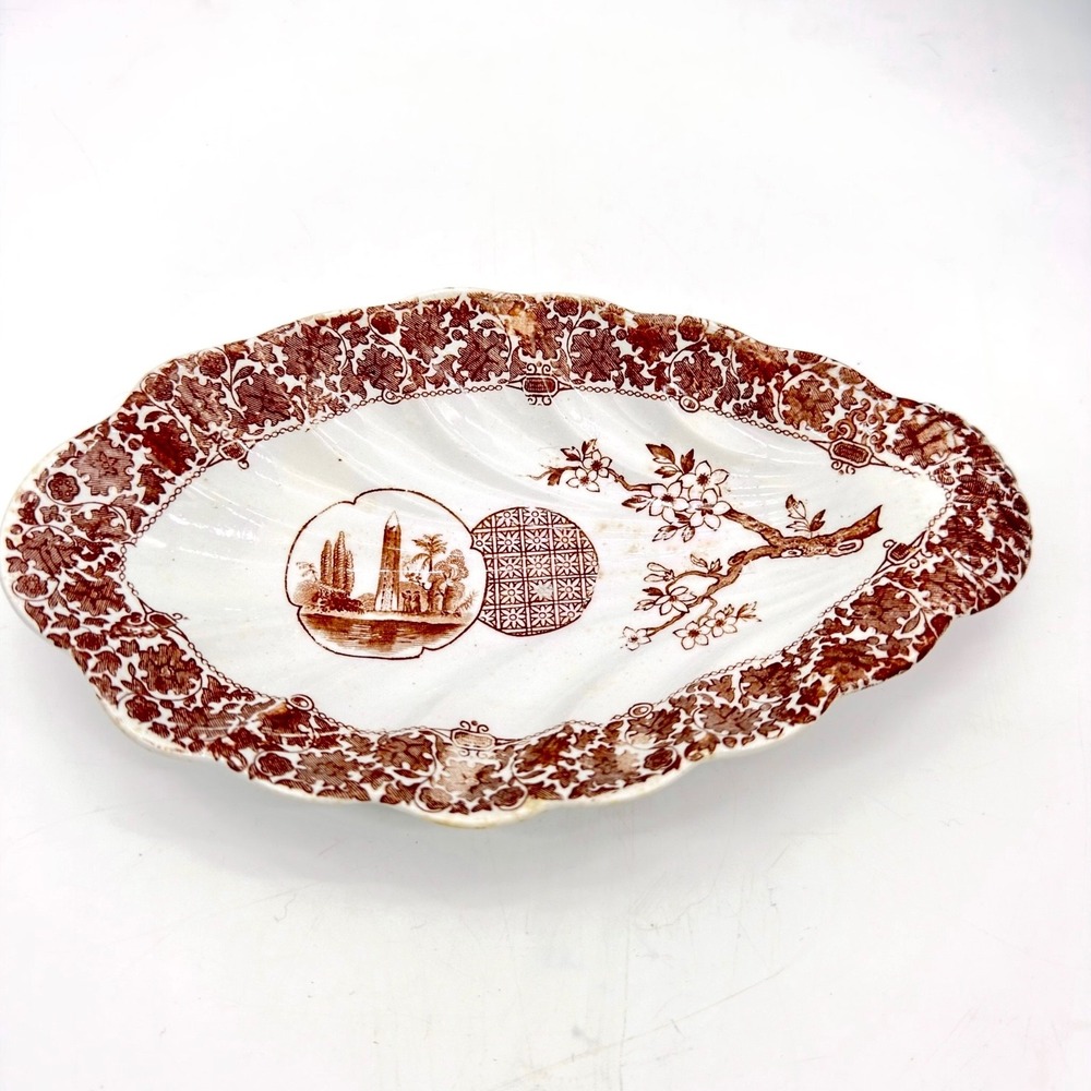 Copeland Ophelia Pickle Dish Antique 1882 Brown Transferware Egyptian Obelisk